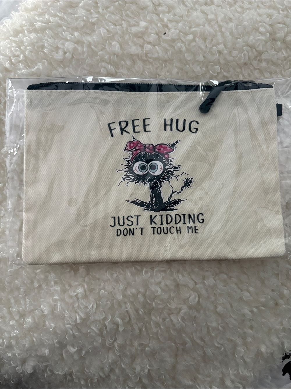 Canvas Pouch with 'Free Hug' Cartoon Print - Cream & Black
